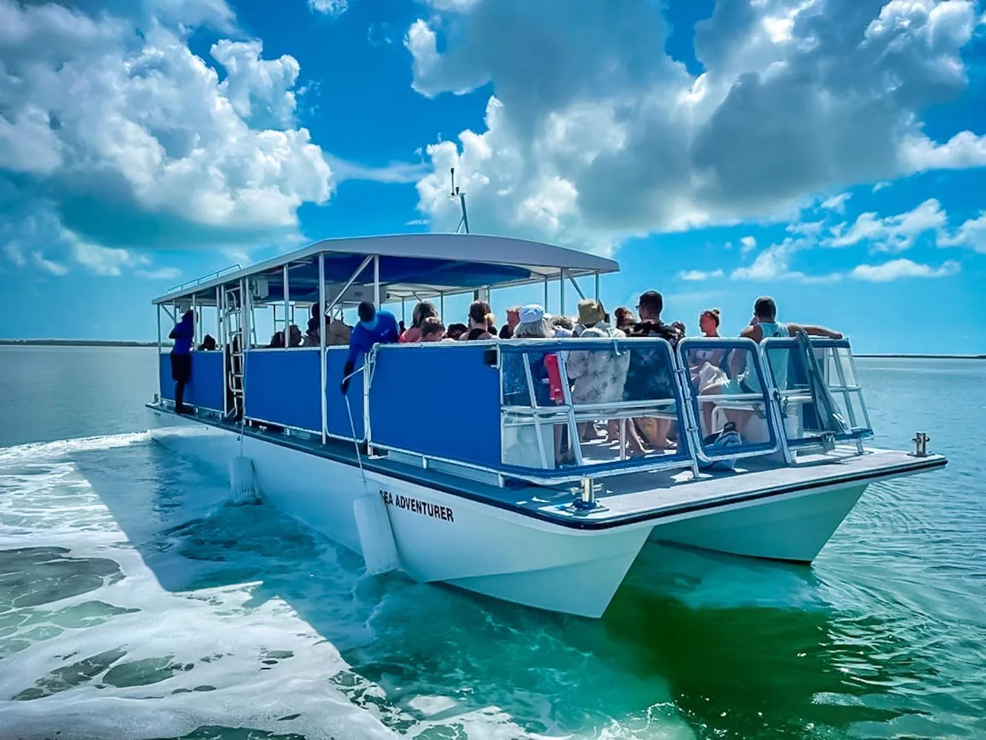 The 49 passenger Corinthian catamaran underway off Bimini with guests aboard