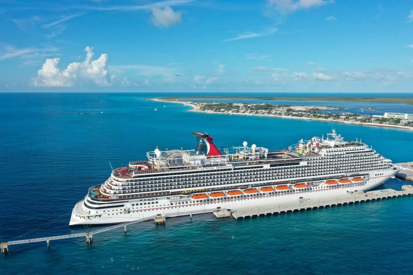 Aerial view of a cruise ship anchored off the coast of Bimini, Bahamas